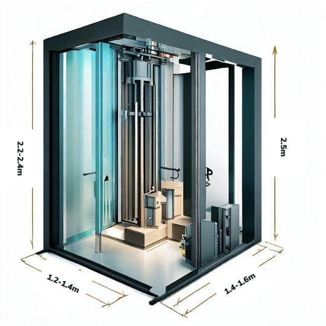 Một biểu đồ 3D cho thấy kích thước của cabin và hố thang máy gia đình 450kg