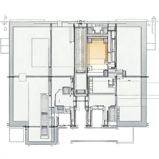 Một bản vẽ cho thấy diện tích tổng thể của công trình và vị trí lắp đặt thang máy gia đình 450kg