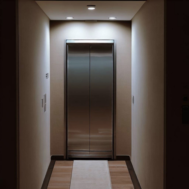 Một bức ảnh của một thang máy gia đình Fuji đơn giản và gọn gàng ở hành lang