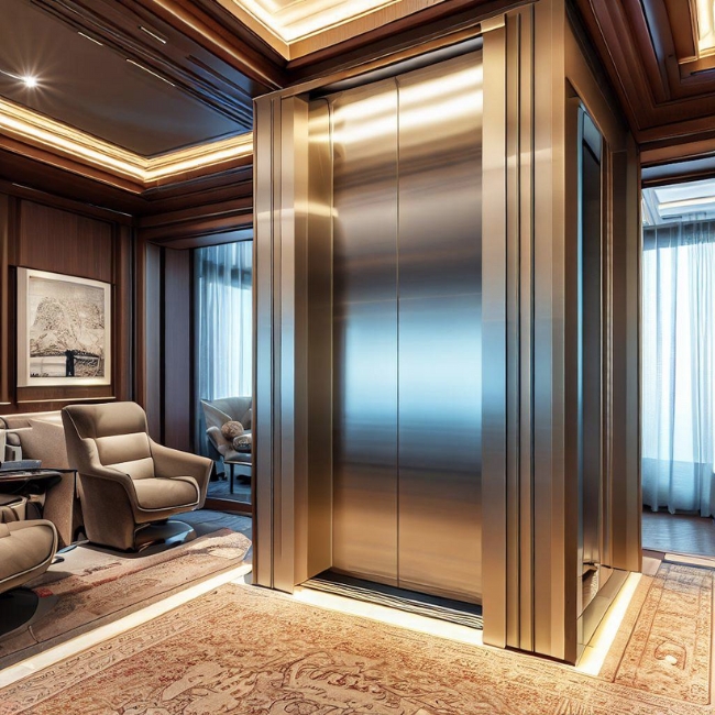 Một bức ảnh thang máy gia đình Mitsubishi hiện đại và thanh lịch trong phòng khách