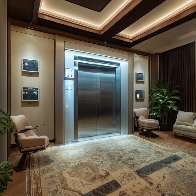 Một bức ảnh thang máy gia đình Mitsubishi hiện đại và thanh lịch trong phòng khách