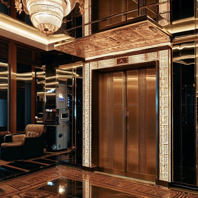 Một bức ảnh của thang máy gia đình Montanari tinh tế và sang trọng trong sảnh đợi