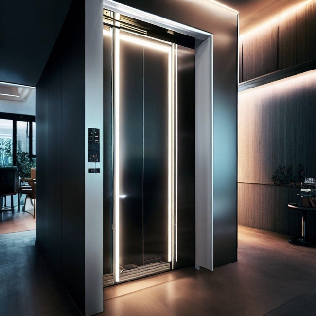 Một bức ảnh của một thang máy gia đình Schindler kiểu dáng đẹp và hiện đại trong một văn phòng