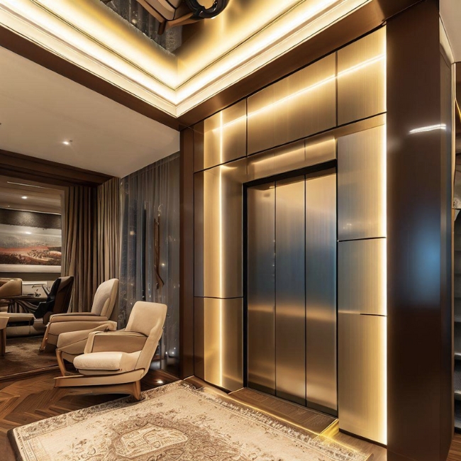 Ảnh một thang máy gia đình Mitsubishi được ốp inox sọc nhuyễn hiện đại và thanh lịch trong phòng khách