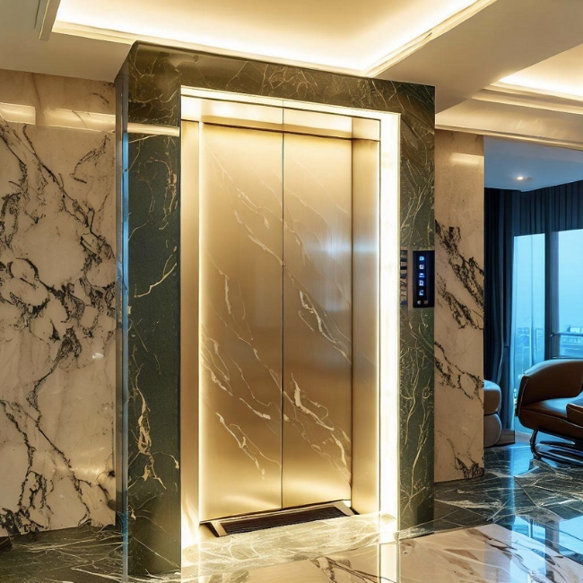 Ảnh một thang máy gia đình Mitsubishi được ốp đá cẩm thạch marble trắng hiện đại và thanh lịch trong phòng khách