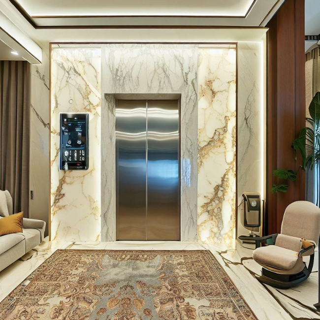 Ảnh một thang máy gia đình Mitsubishi được ốp đá granit hiện đại và sang trọng trong phòng khách