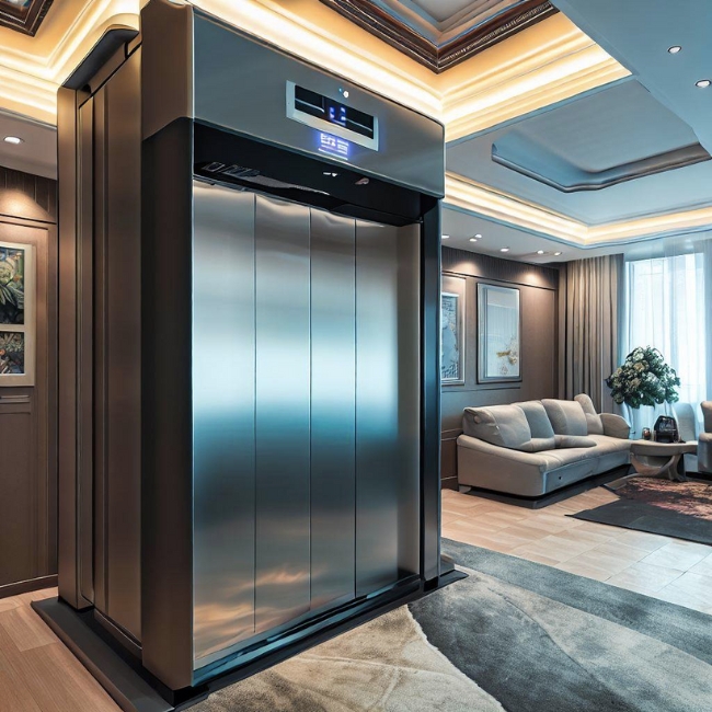 Ảnh một thang máy gia đình Mitsubishi được ốp inox trắng hiện đại và thanh lịch trong phòng khách