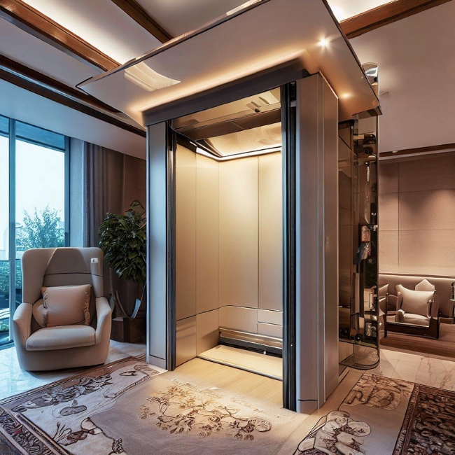 Ảnh một thang máy gia đình Mitsubishi được ốp inox trắng hiện đại và thanh lịch trong phòng khách