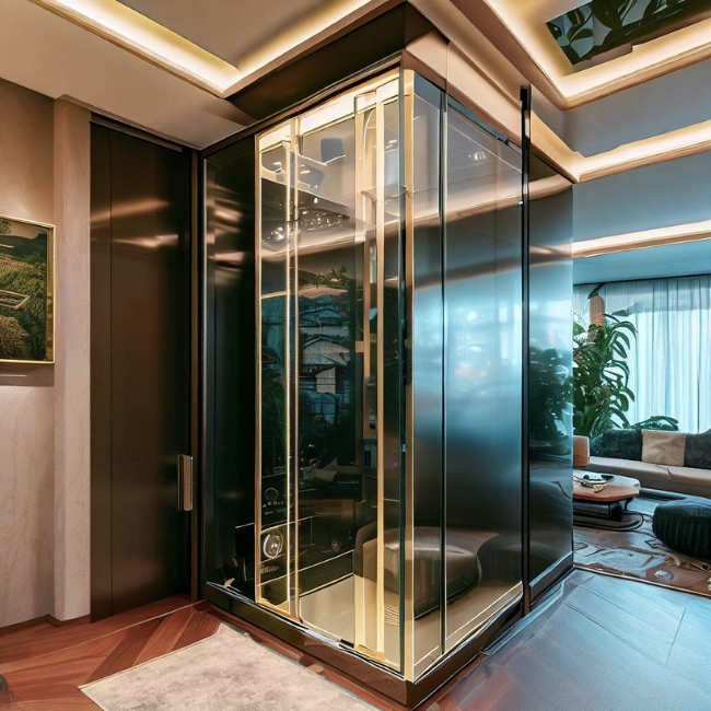 Ảnh một thang máy gia đình Mitsubishi được ốp kính với điểm nhấn là đèn LED hiện đại và sang trọng trong phòng khách