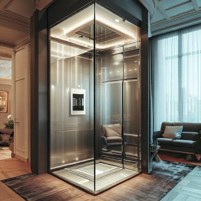 Ảnh một thang máy gia đình Mitsubishi được ốp kính hiện đại và sang trọng trong phòng khách