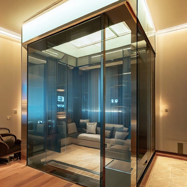 Ảnh một thang máy gia đình Mitsubishi được ốp kính và inox  hiện đại và sang trọng trong phòng khách