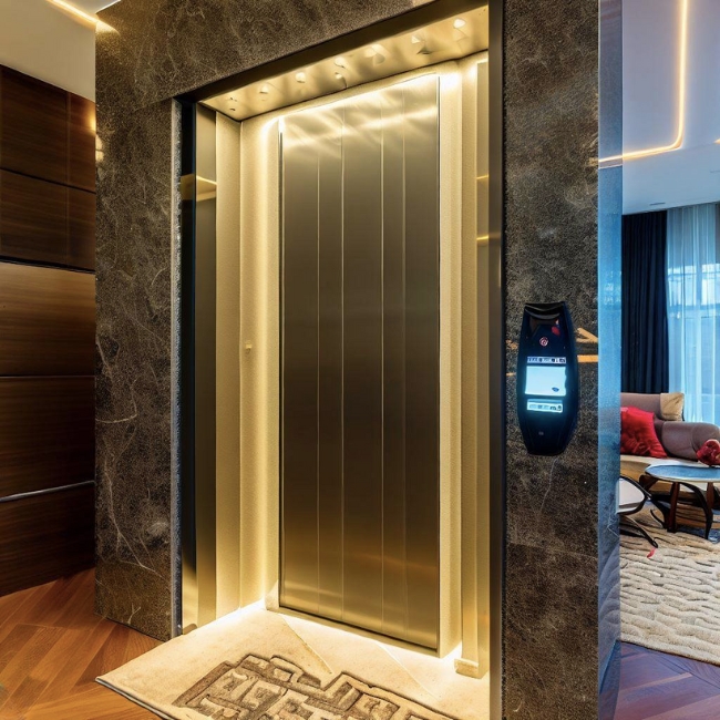Ảnh một thang máy gia đình Mitsubishi được ốp đá granit hiện đại và sang trọng trong phòng khách