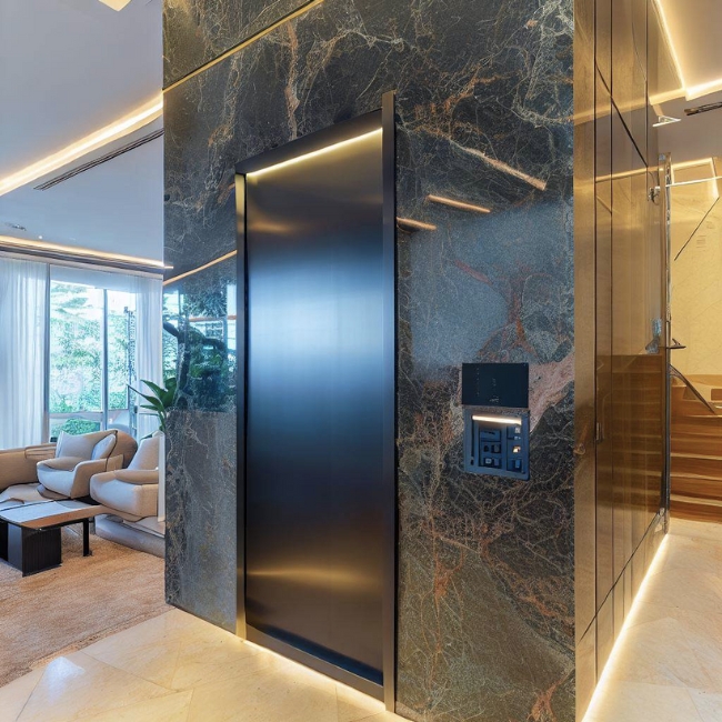 Ảnh một thang máy gia đình Mitsubishi được ốp đá granit hiện đại và sang trọng trong phòng khách
