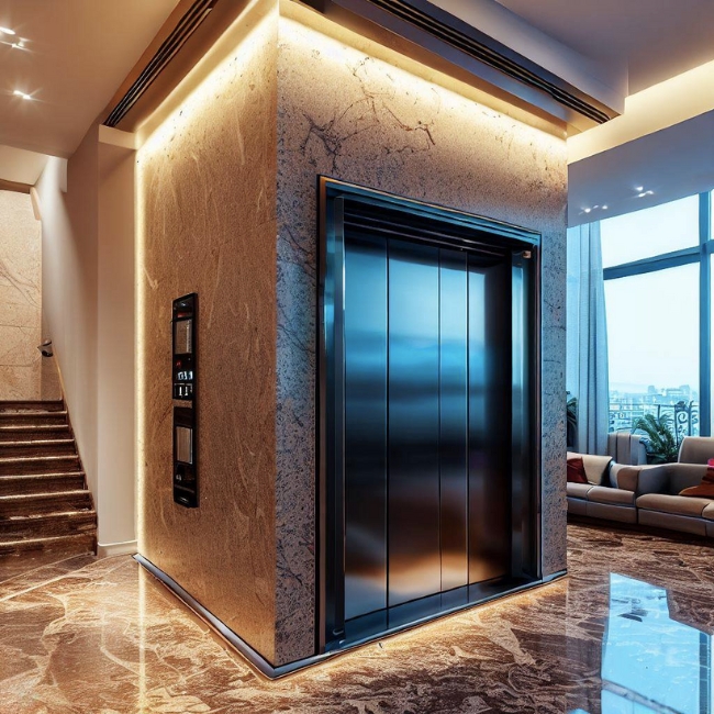 Ảnh một thang máy gia đình Mitsubishi được ốp đá granit đen hiện đại và sang trọng trong phòng khách