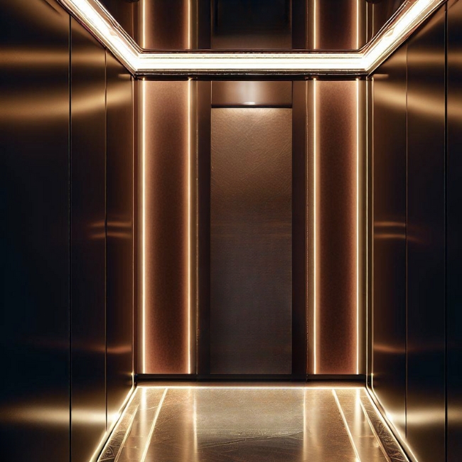 Mẫu thang máy tường gia đình được ốp inox màu nâu sang trọng với đèn LED