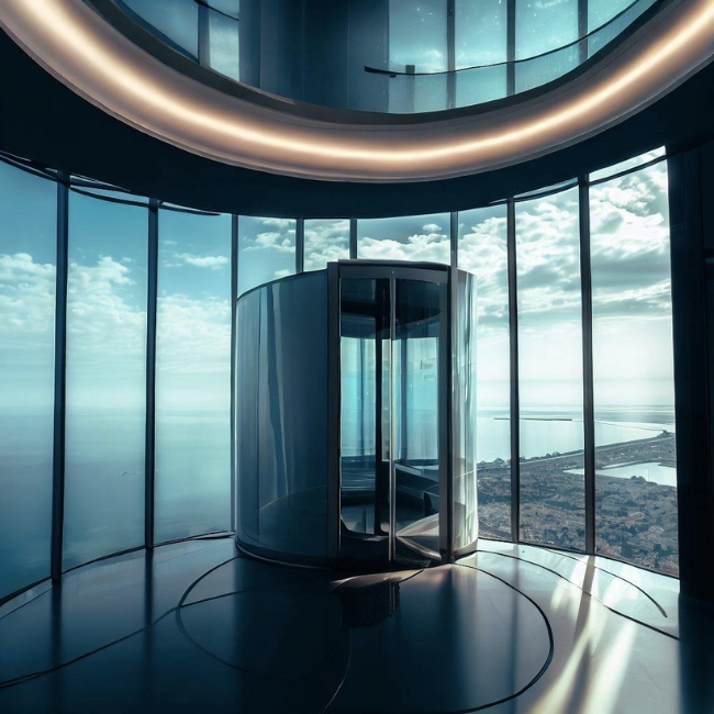Mẫu thang máy gia đình kính cong với tầm nhìn toàn cảnh