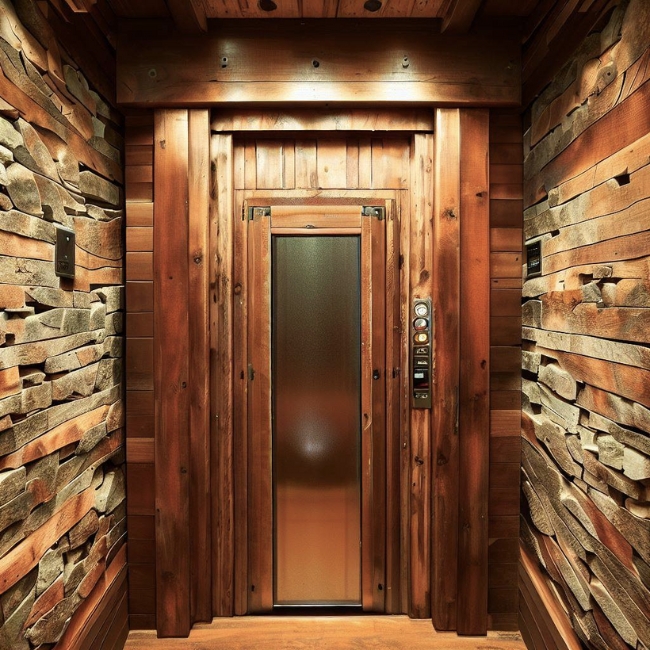 Mẫu thang máy gia đình kiểu nhà gỗ nông thôn được ốp bằng inox vân gỗ và đá