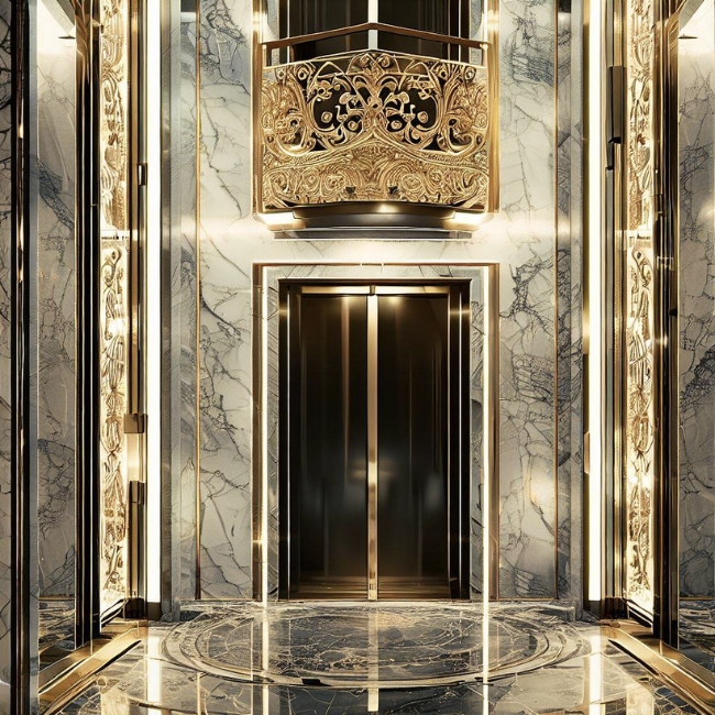 Mẫu thang máy gia đình được ốp đá cẩm thạch sang trọng với điểm nhấn inox màu vàng