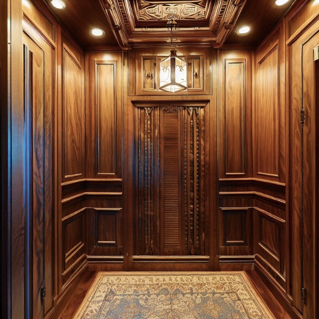 Mẫu thang máy gia đình được ốp gỗ mang phong cách cổ điển