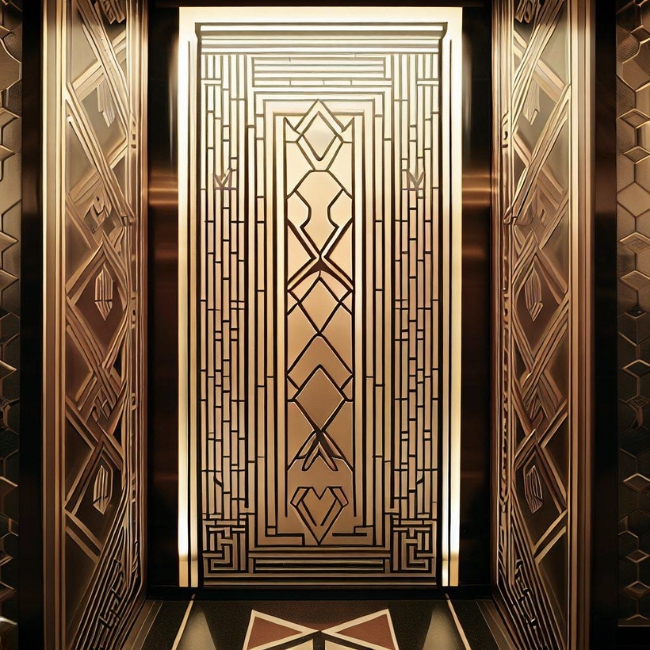 Mẫu thang máy gia đình được ốp inox kiểu Art Deco với họa tiết hình học