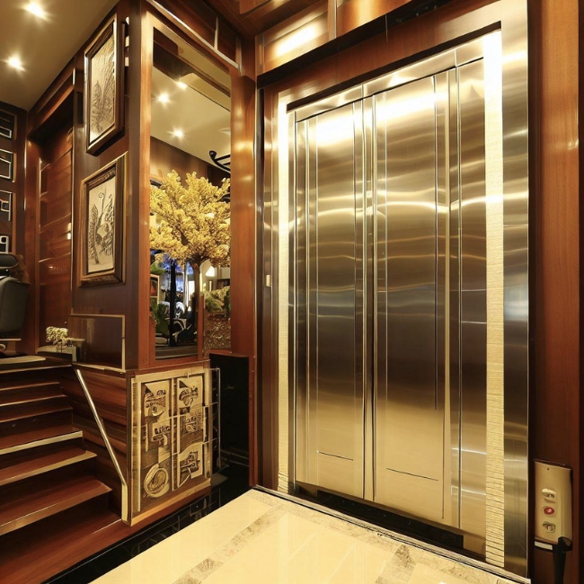 Mẫu thang máy tường gia đình được ốp inox vàng