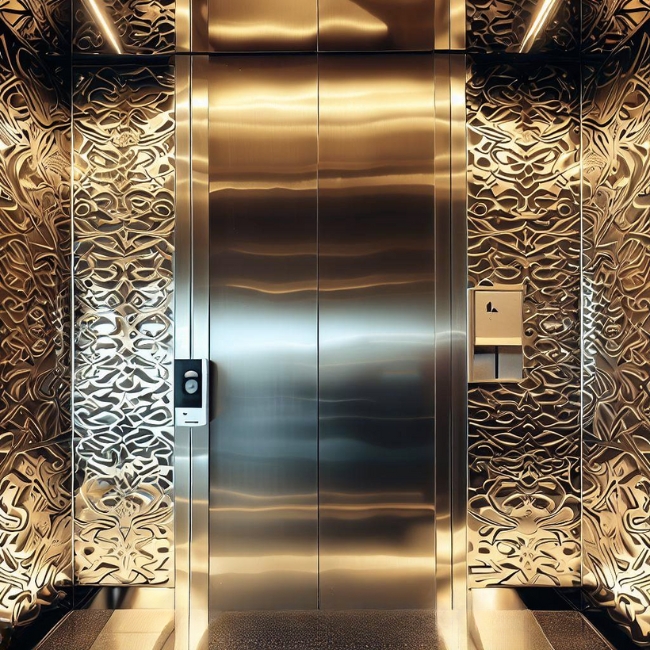 Mẫu thang máy gia đình đẹp Inox trạm hoa văn
