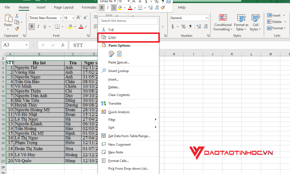 Cách chuyển Excel sang Word bằng Copy - tính năng Paste Special - Bước 1