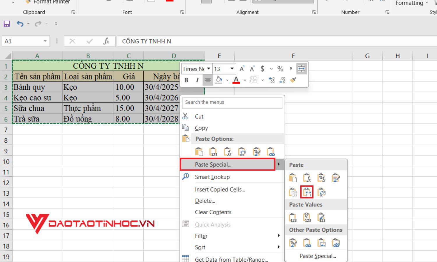 Cách copy trong excel giữ nguyên định dạng hàng và cột - Bước 2
