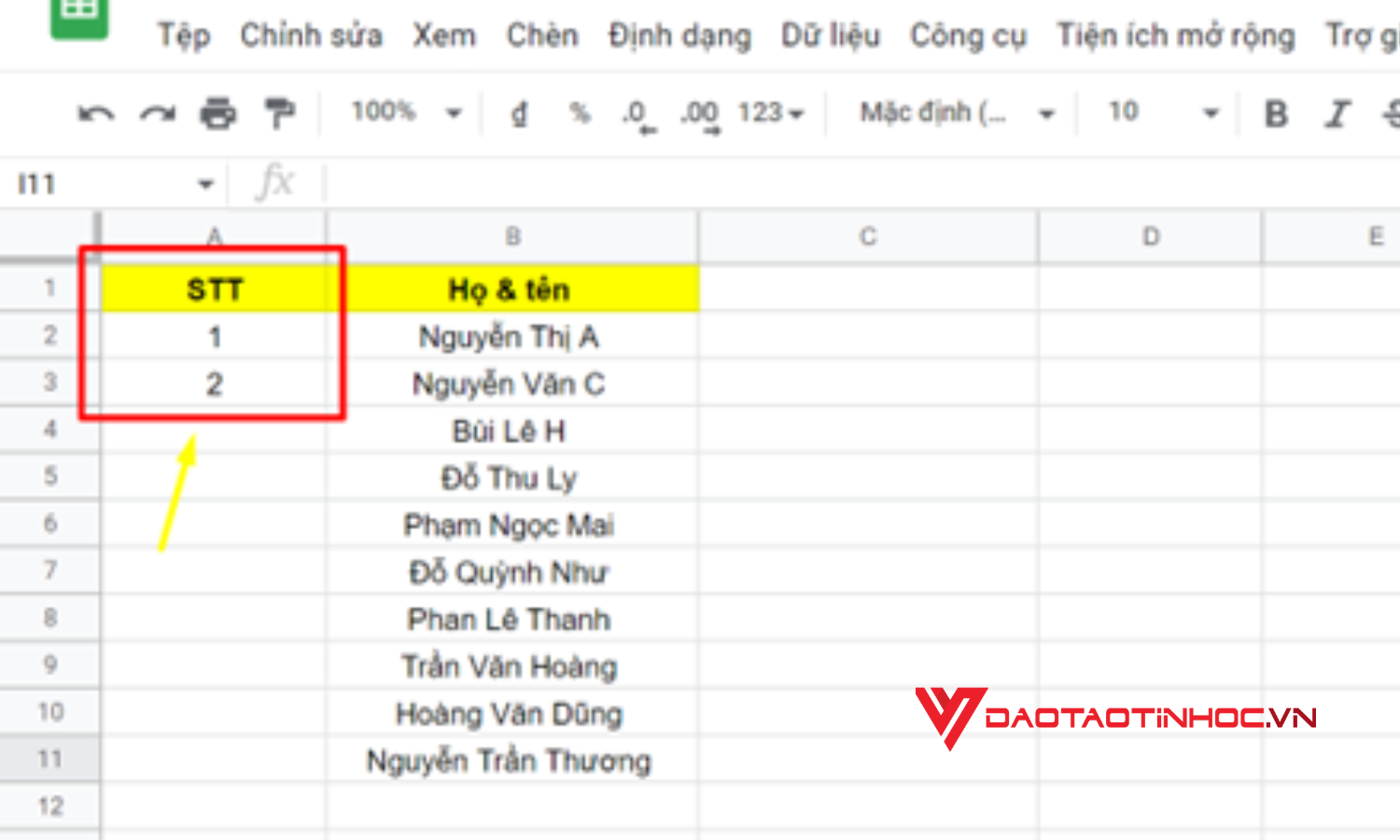 Cách đánh số thứ tự trong Google Sheet tự động - Bước 1