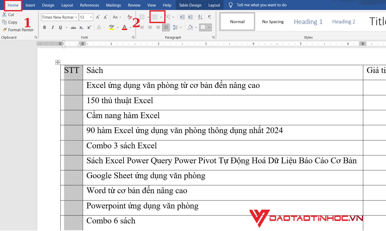 Cách đánh số thứ tự trong Word cho một cột - bước 2