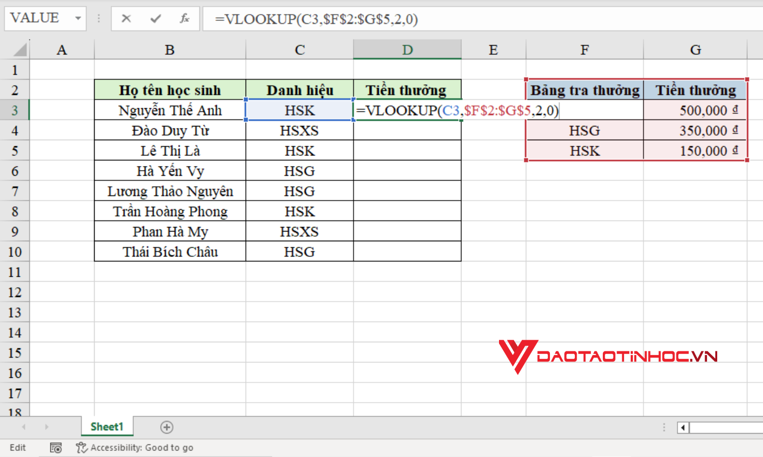 Cách dùng hàm VLOOKUP - Bước 1