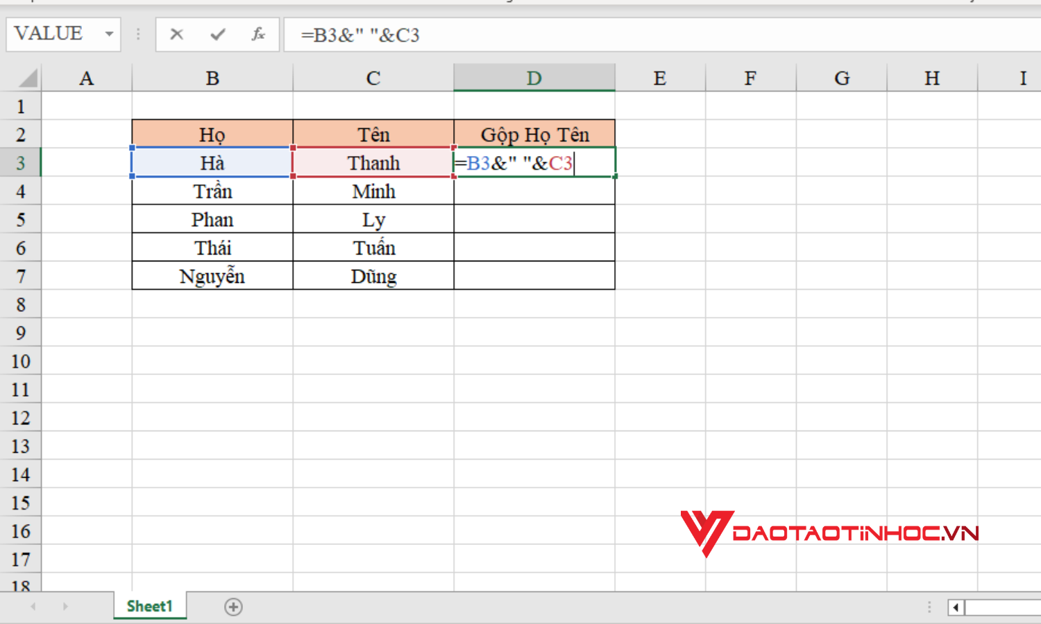 Cách gộp họ và tên trong Excel bằng công thức - Bước 1