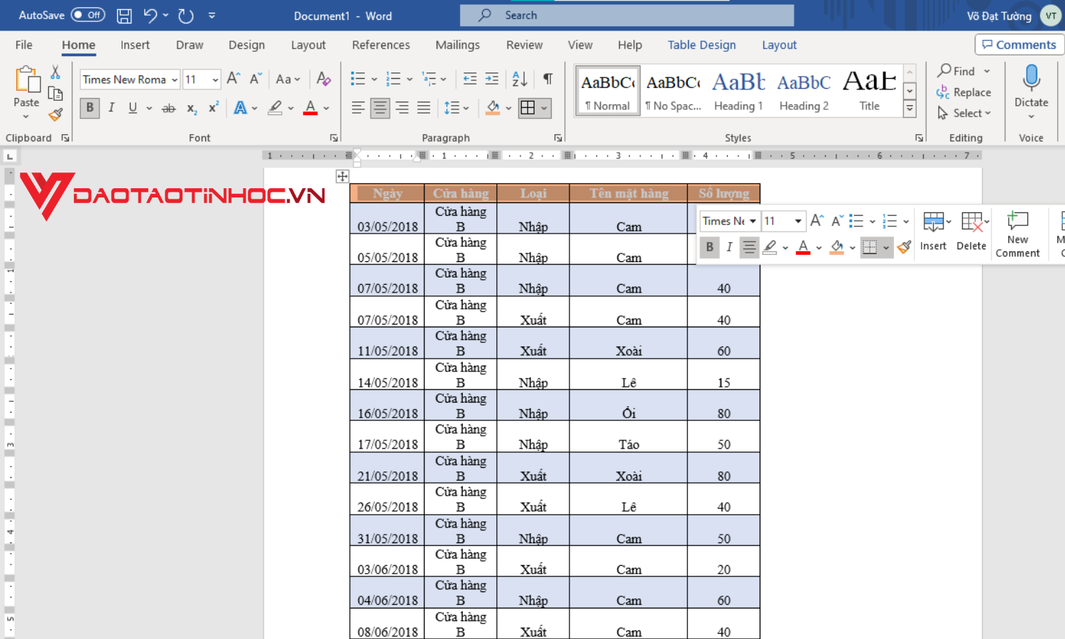 Cách lặp lại tiêu đề trong Word bằng Repeat Header Rows - Bước 1