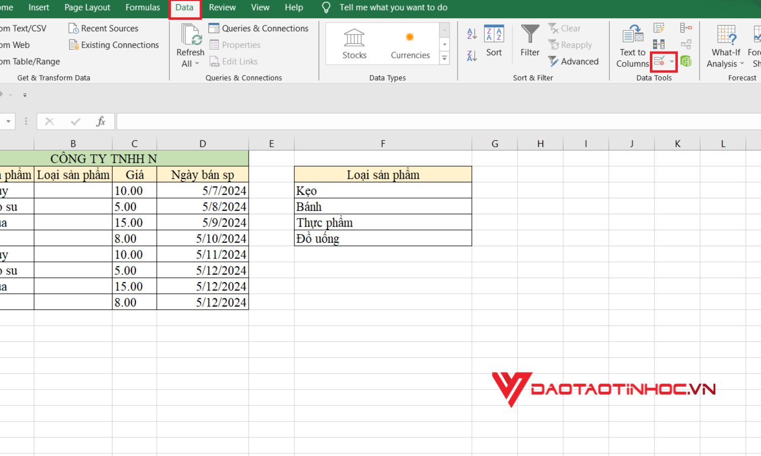 Cách tạo lựa chọn trong excel - Bước 2