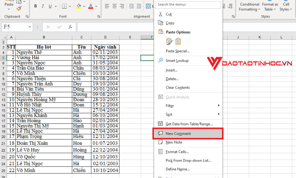 Cách thêm comment Excel - Bước 1
