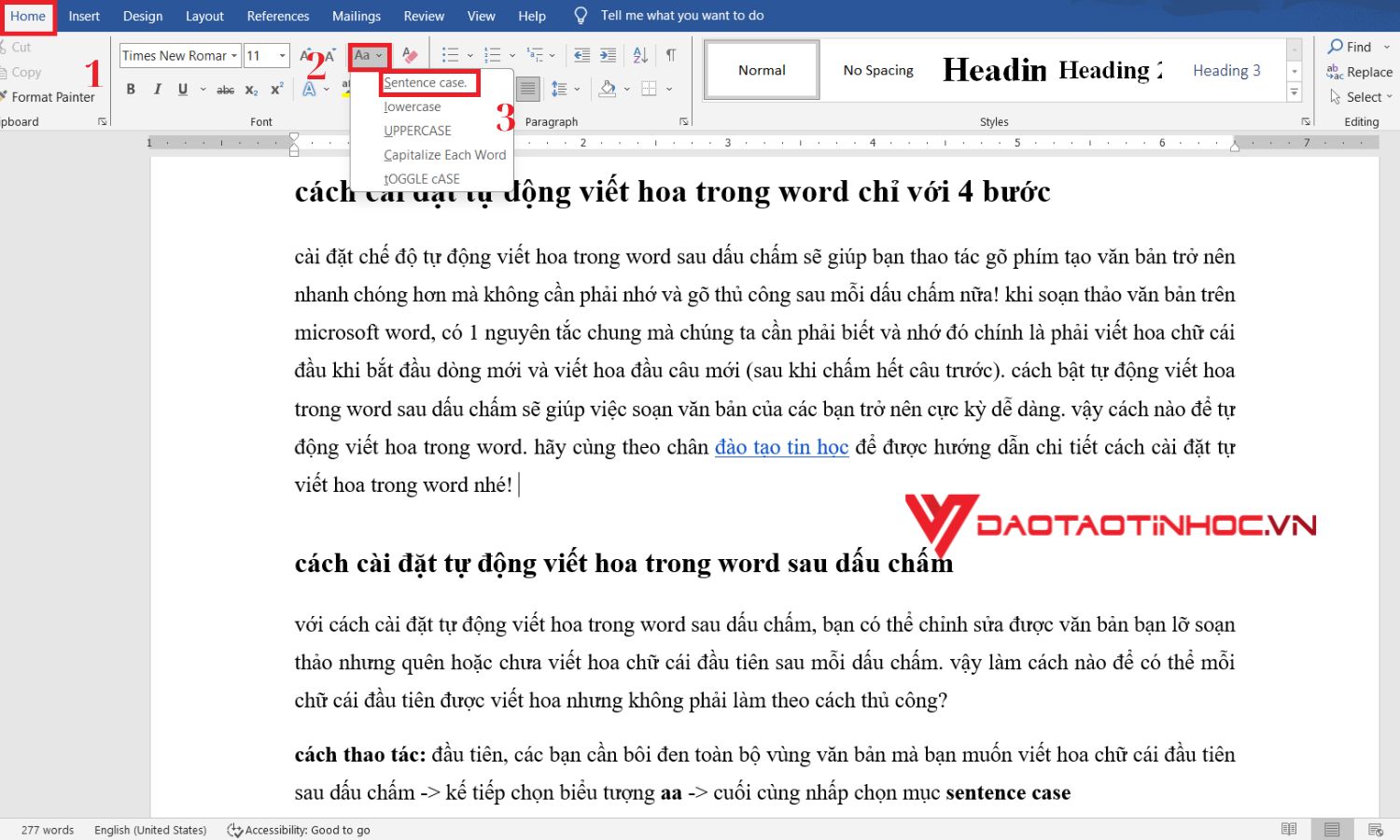 Cách cài đặt tự động viết hoa trong word sau dấu chấm