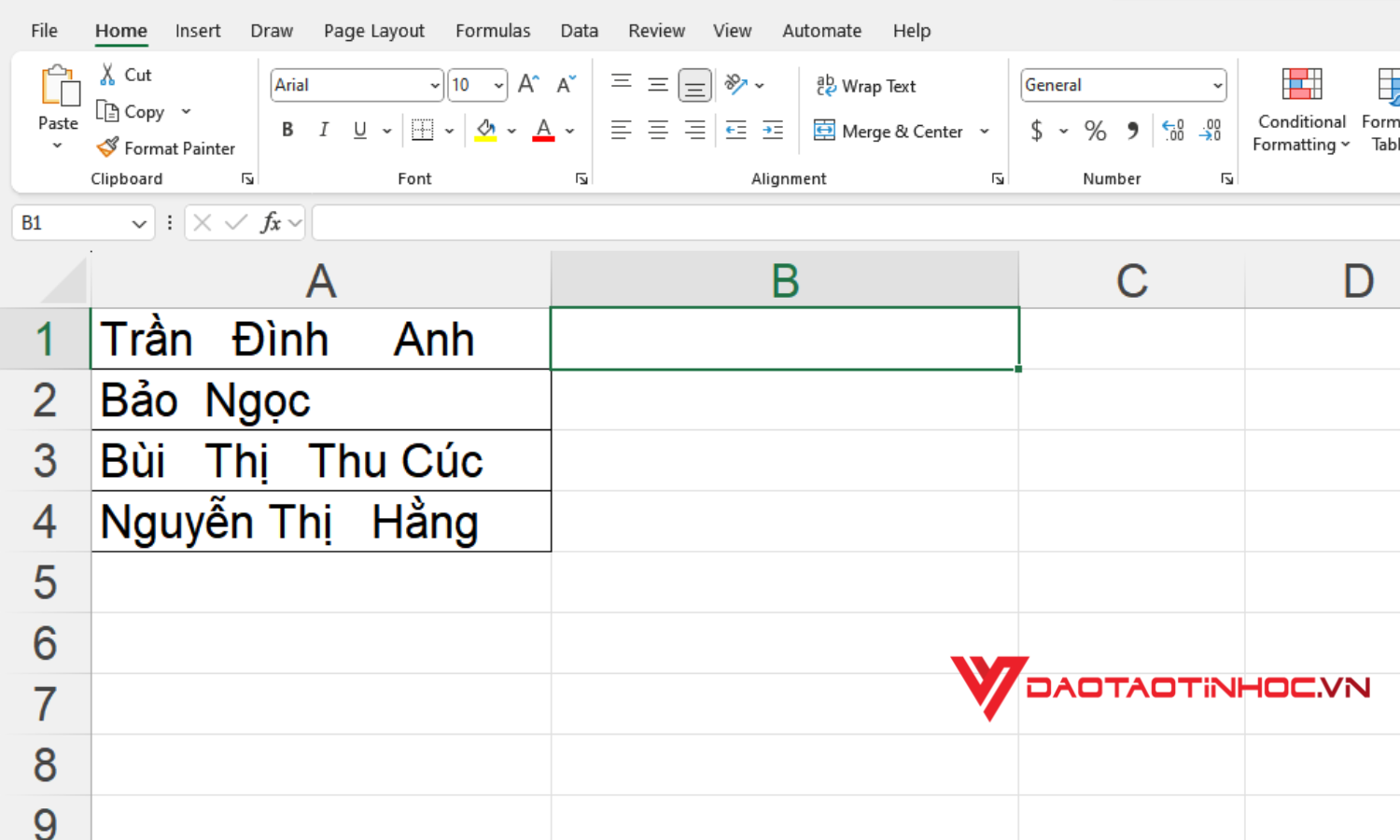 Chọn ô để chứa văn bản đã xóa khoảng trắng