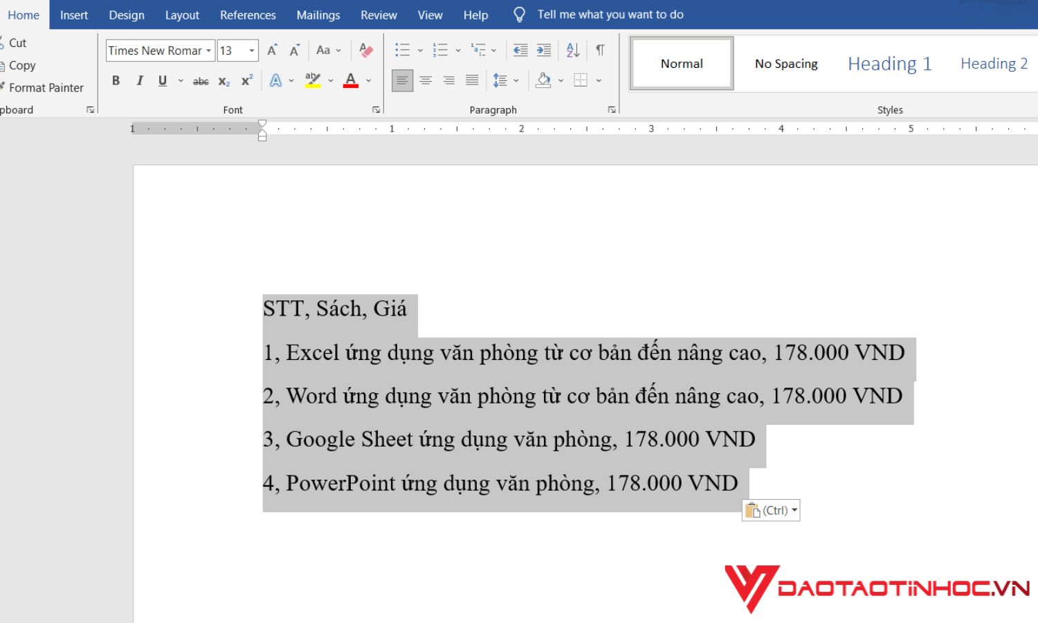 Cách chuyển văn bản thành bảng trong word - bước 1