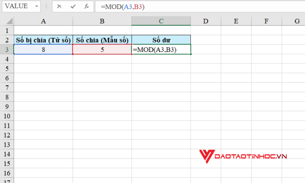 Dùng hàm MOD để tìm số dư của phép chia - Bước 1
