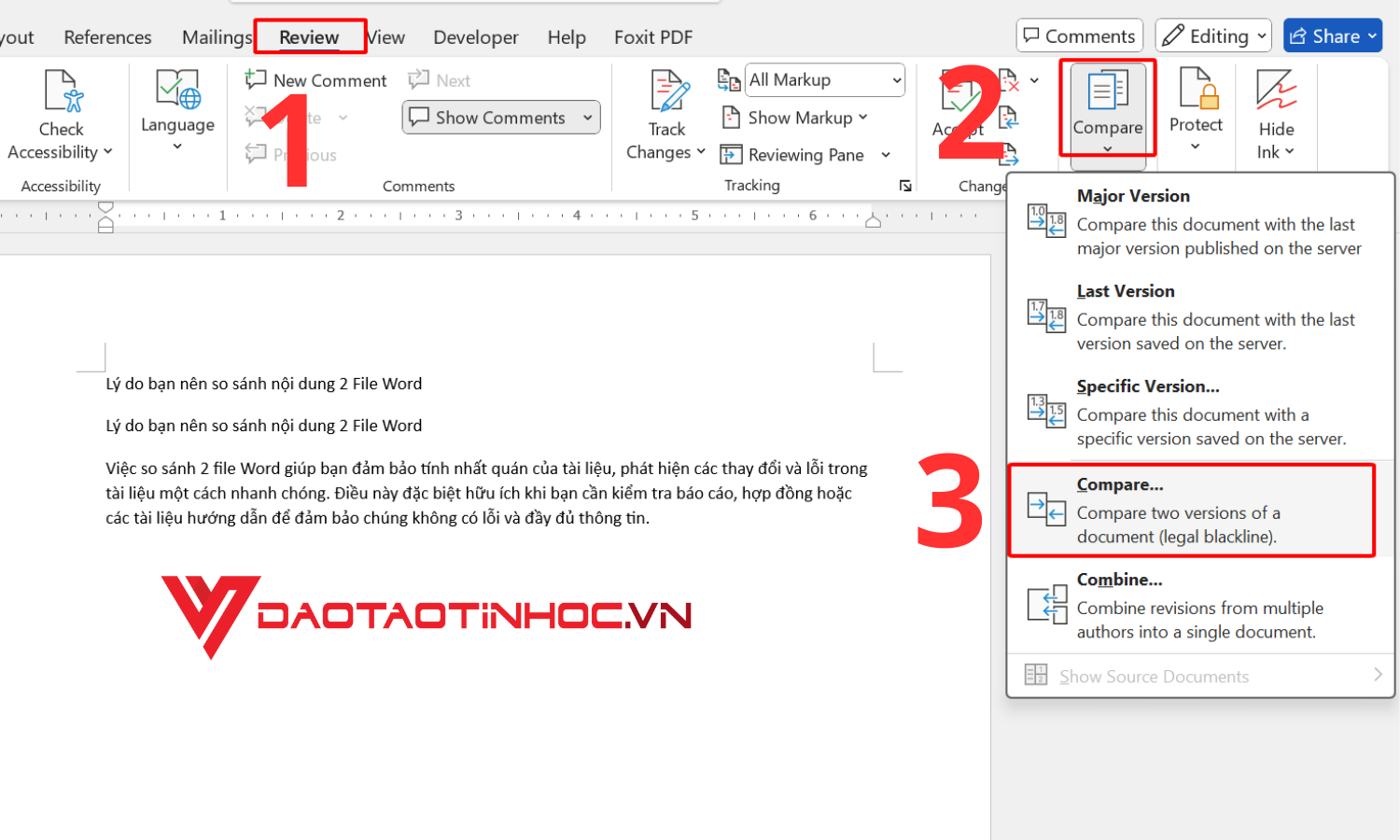 Hướng dẫn so sánh 2 file Word bằng công cụ Compare - bước 1