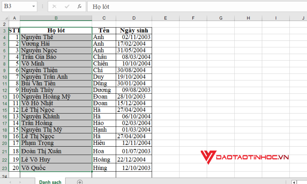Kiểm tra trùng lặp trong Excel - Bước 1