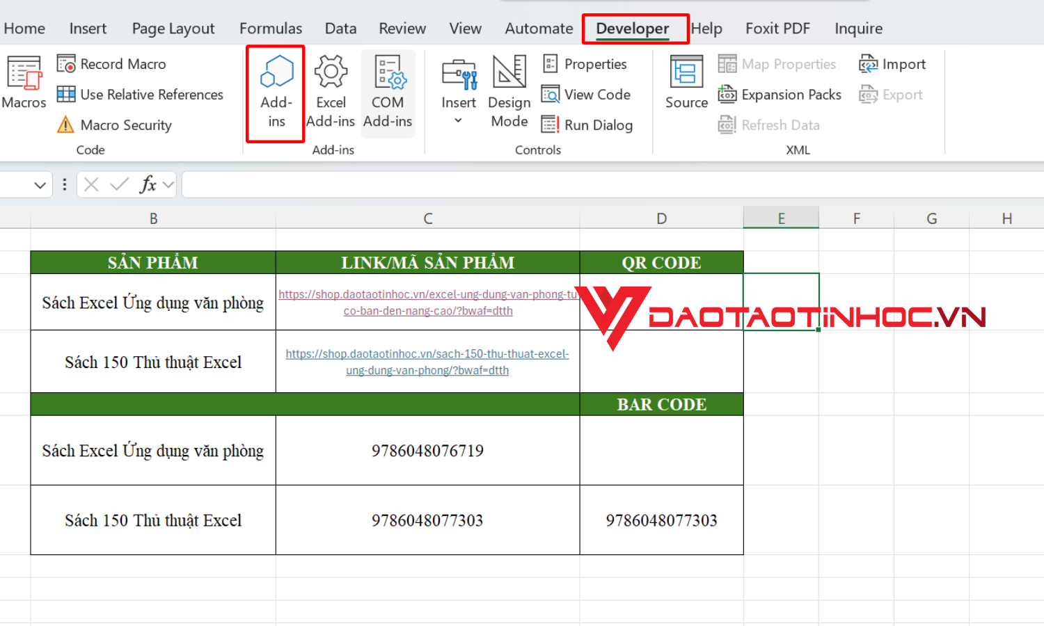 Mở tính năng Add-ins trong Excel