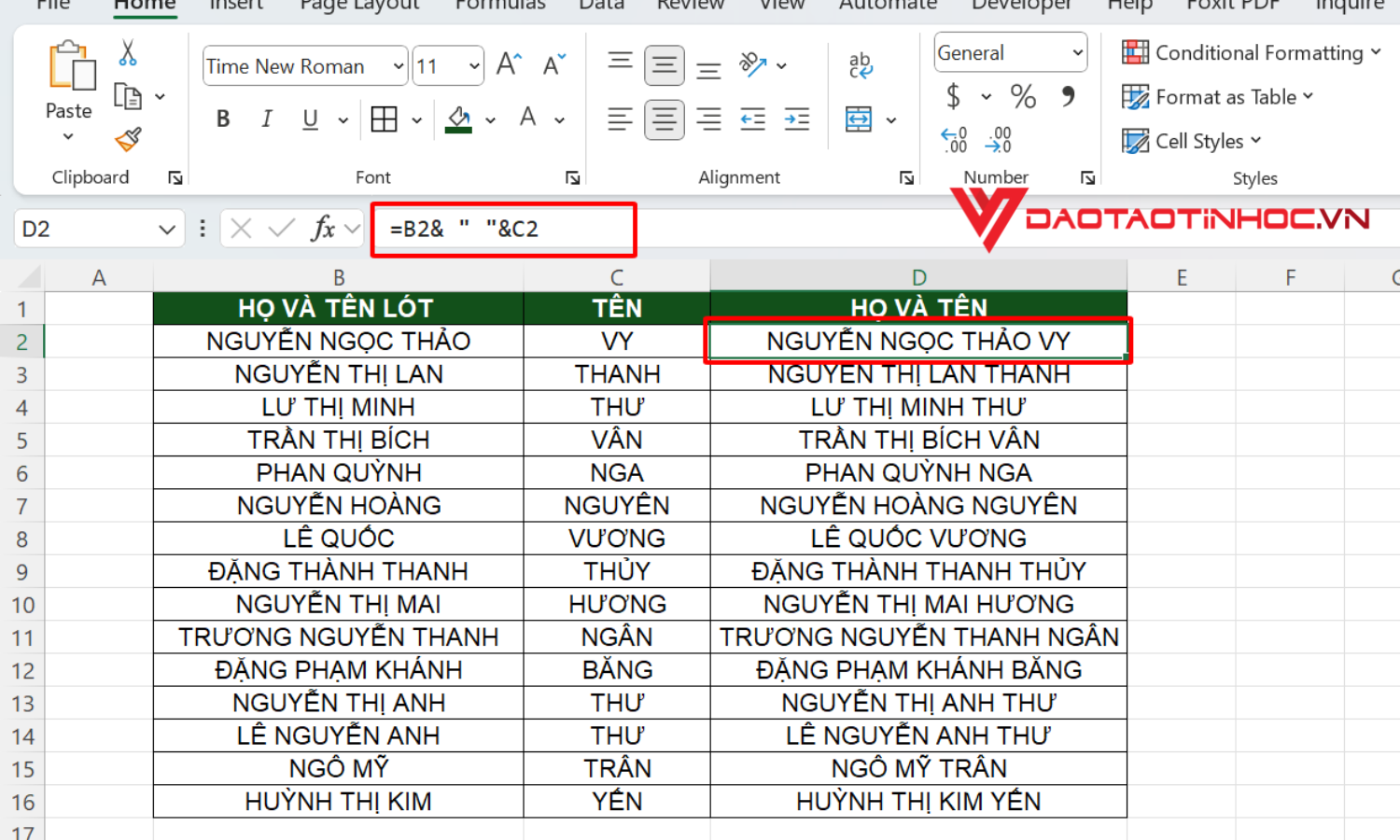 Nối chuỗi Excel bằng dấu “&”