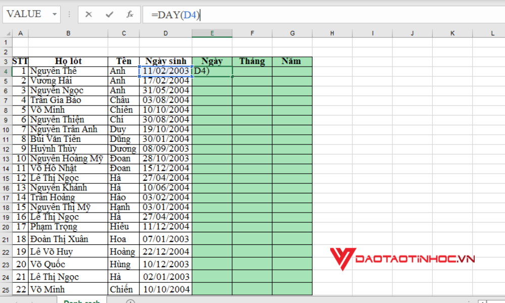 Tách ngày tháng năm trong Excel - Bước 1