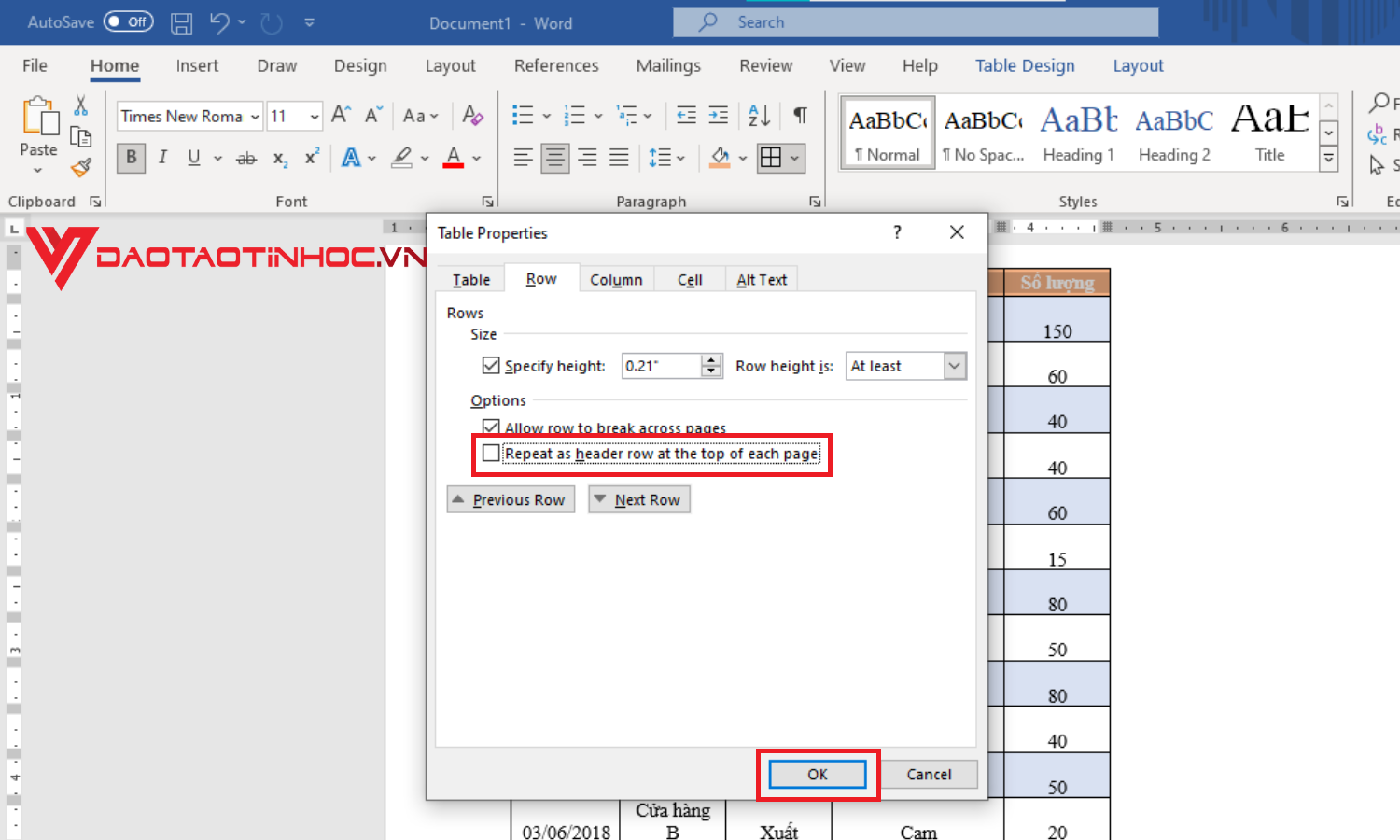 Cách bỏ lặp lại tiêu đề bảng trong Word - Bước 2