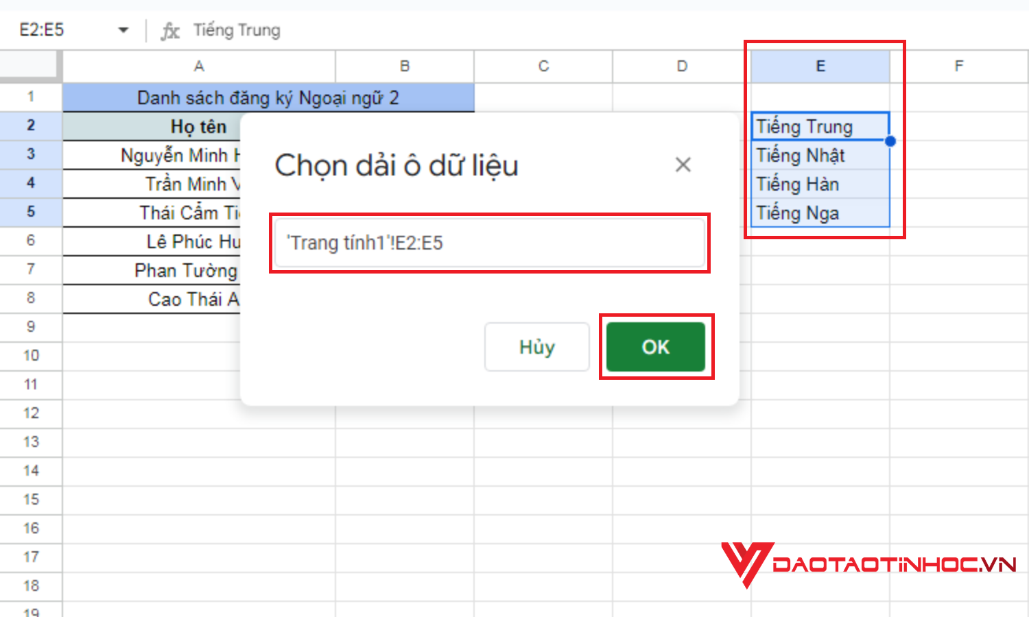 Cách tạo lựa chọn trong Google Sheet từ dữ liệu có sẵn - Bước 5