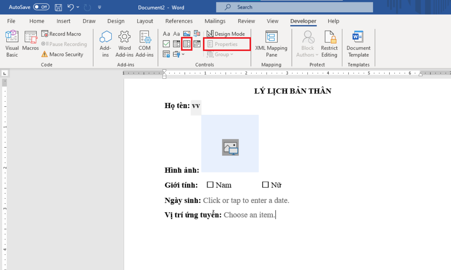 Cách thêm các trường nội dung để tạo form trong Word - Drop-down - Bước 1