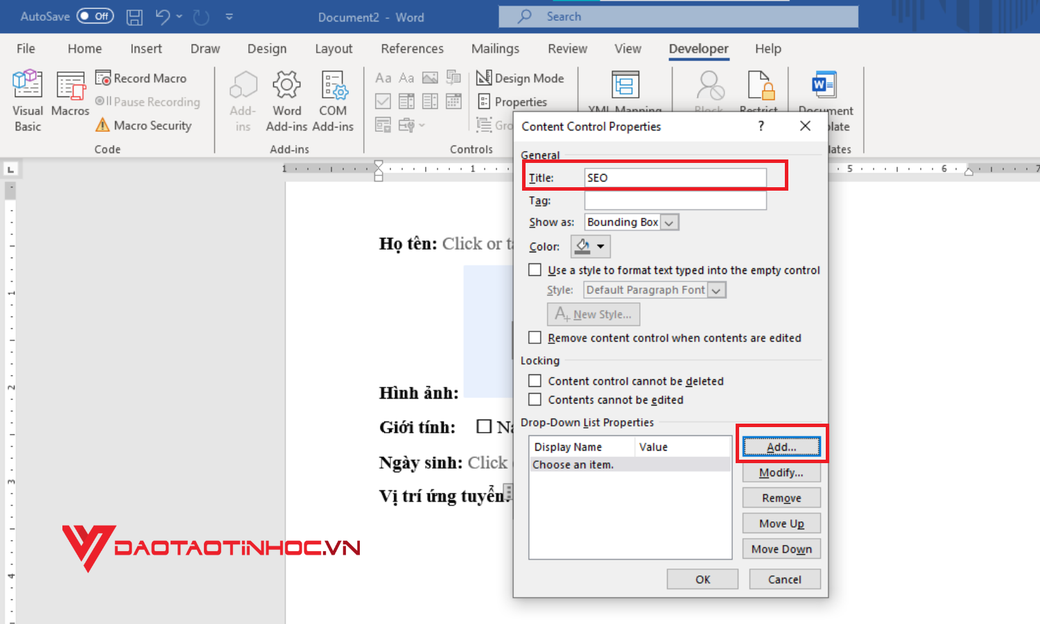 Cách thêm các trường nội dung để tạo form trong Word - Drop-down - Bước 2