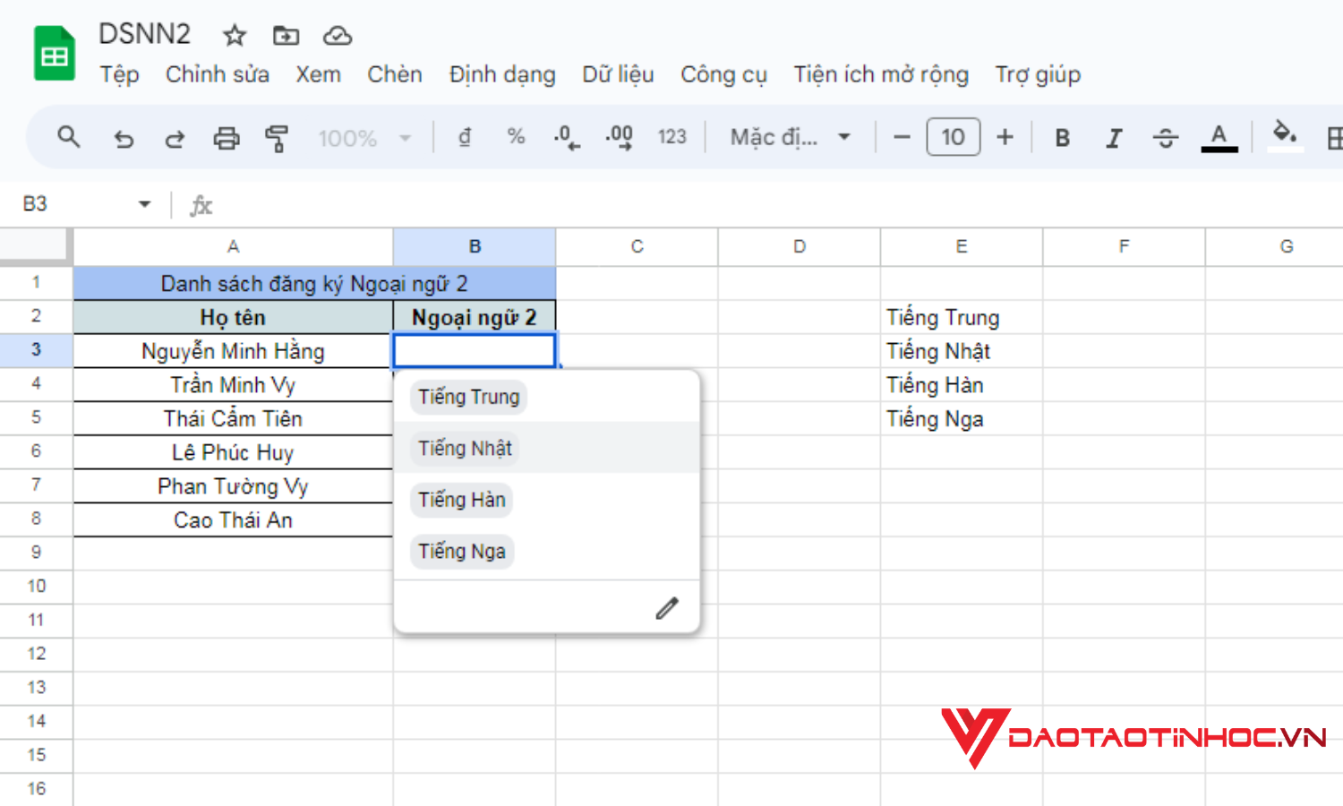 Cách tạo lựa chọn trong Google Sheet từ dữ liệu có sẵn - Kết quả
