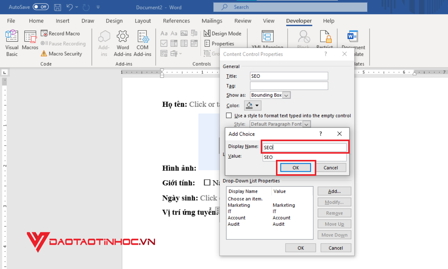 Cách thêm các trường nội dung để tạo form trong Word - Drop-down - Bước 3